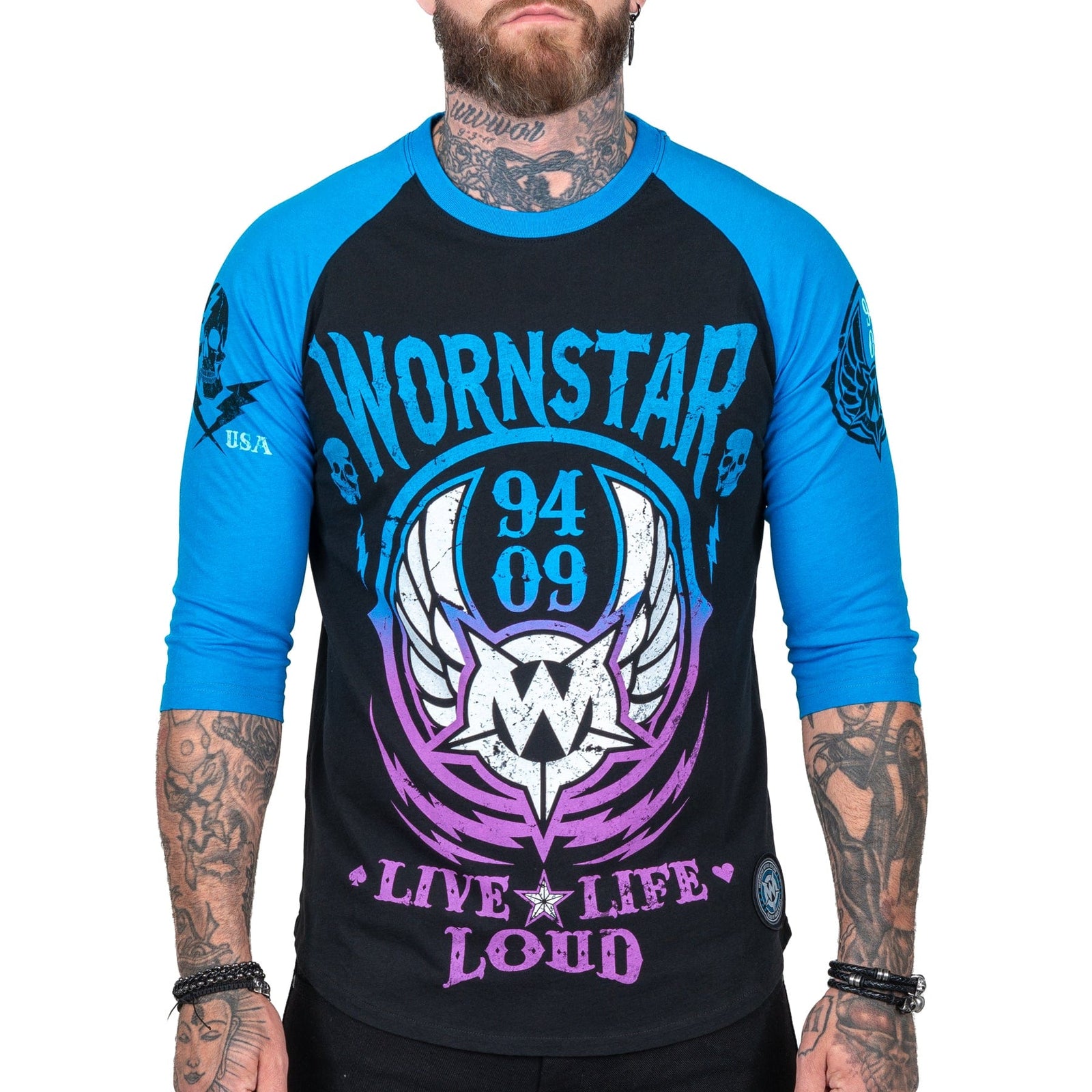 Wornstar Clothing Mens Tee. Live Life Loud Raglan T-Shirt - Blue/Black