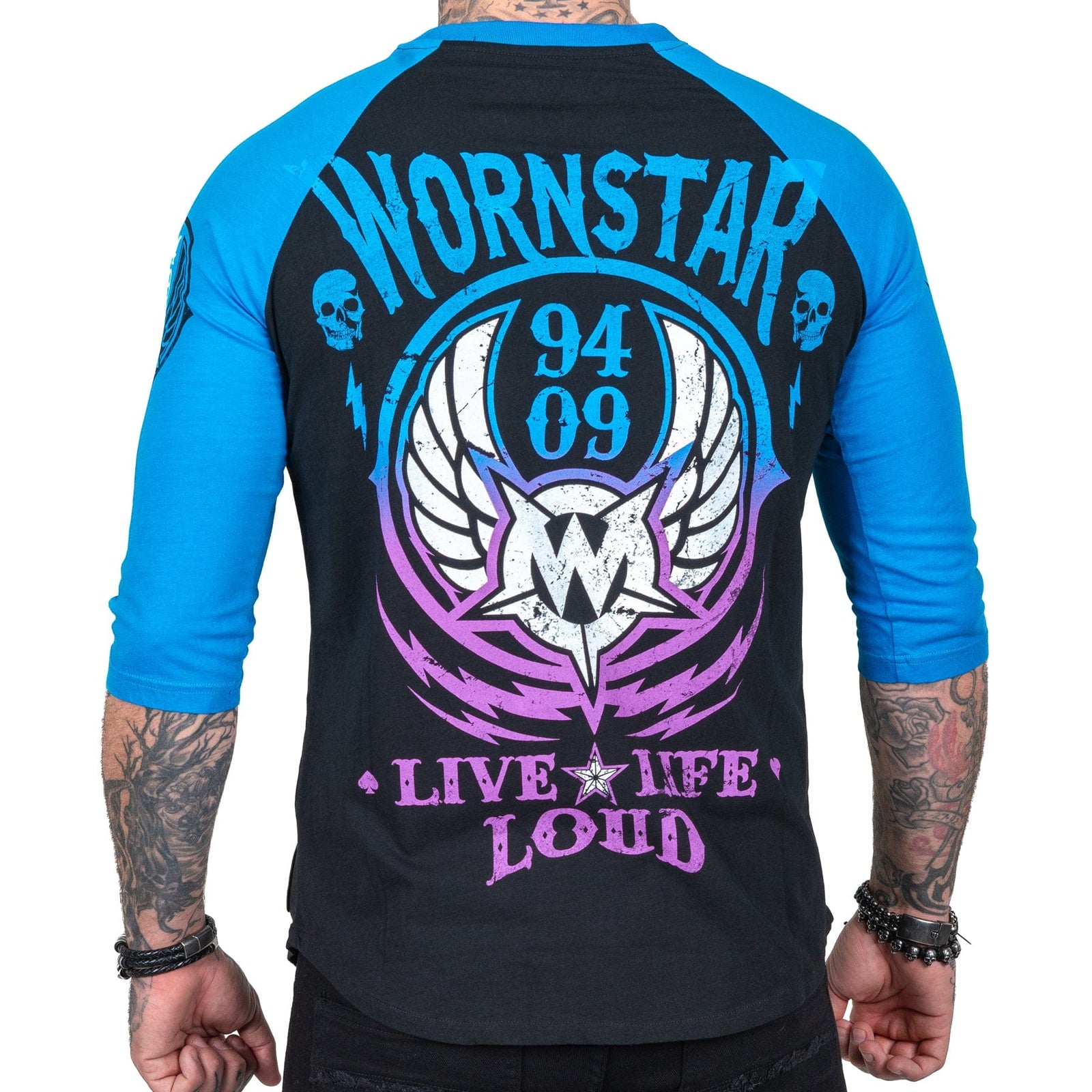 Wornstar Clothing Mens Tee. Live Life Loud Raglan T-Shirt - Blue/Black