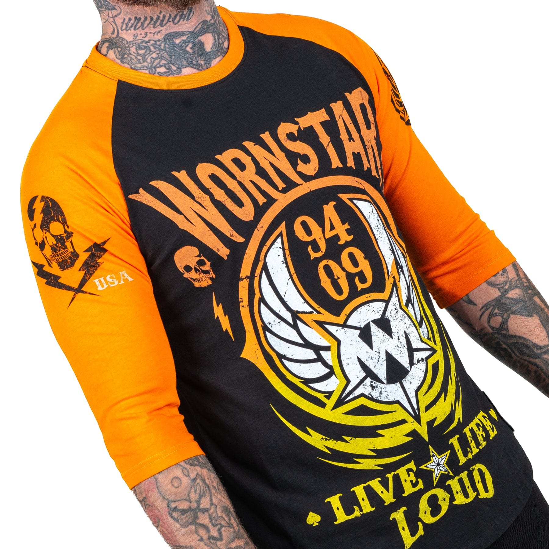 Wornstar Clothing Mens Tee. Live Life Loud Raglan T-Shirt - Orange/Black