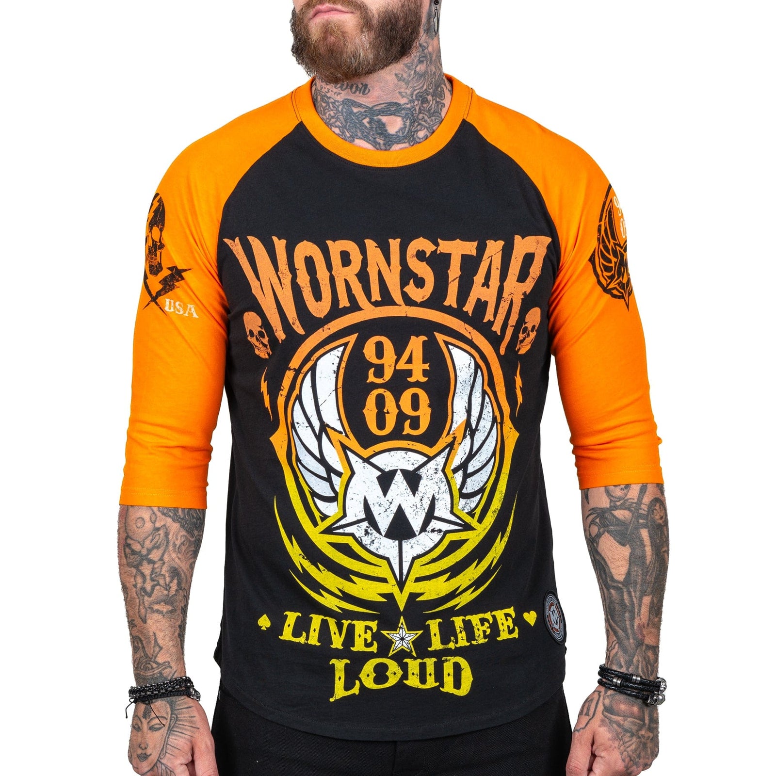Wornstar Clothing Mens Tee. Live Life Loud Raglan T-Shirt - Orange/Black