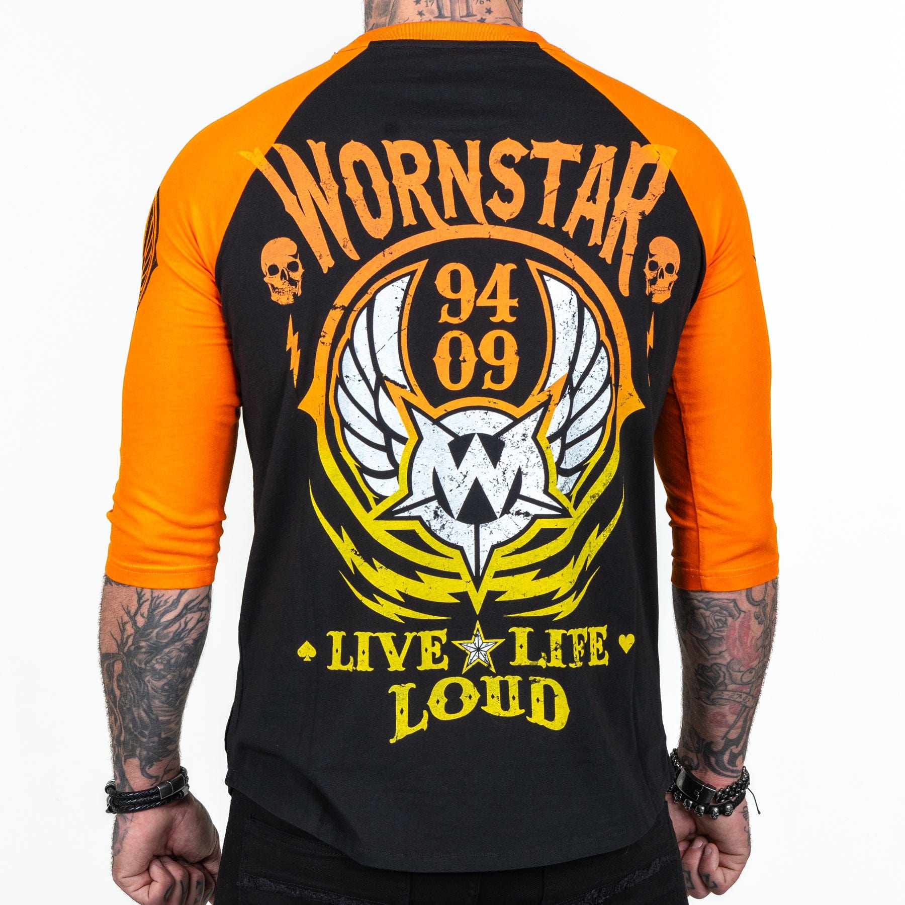 Wornstar Clothing Mens Tee. Live Life Loud Raglan T-Shirt - Orange/Black