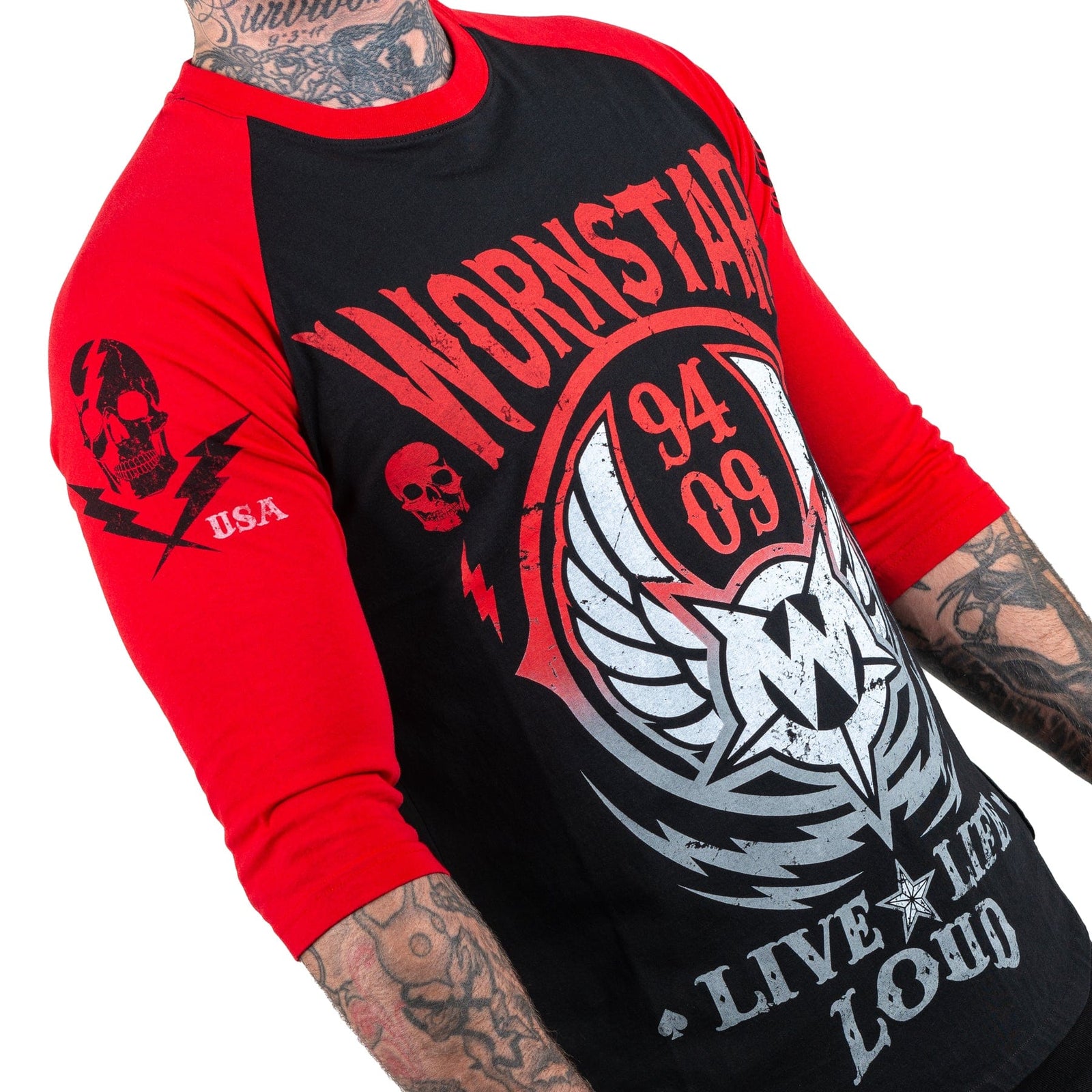 Wornstar Clothing Mens Tee. Live Life Loud Raglan T-Shirt - Red/Black