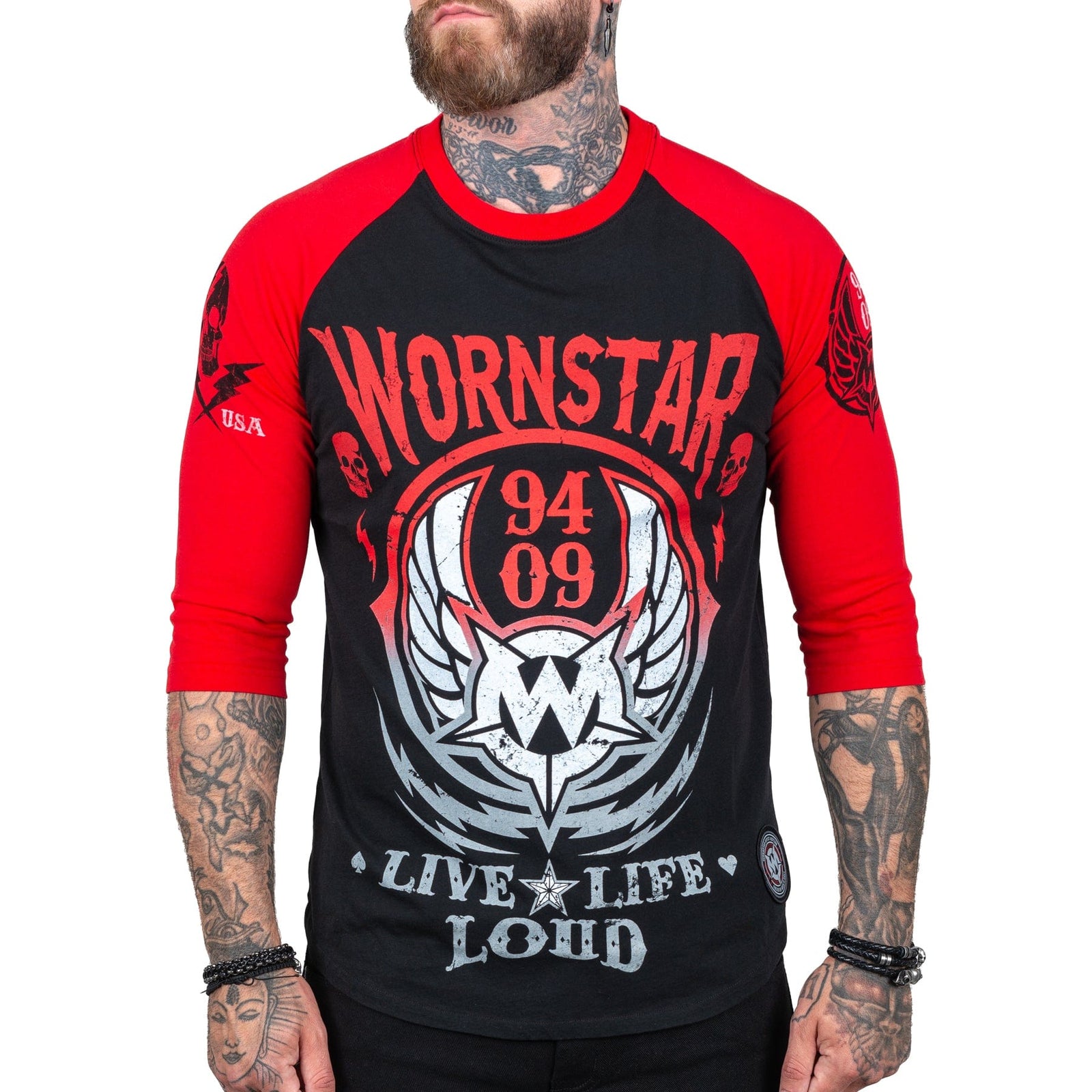 Wornstar Clothing Mens Tee. Live Life Loud Raglan T-Shirt - Red/Black