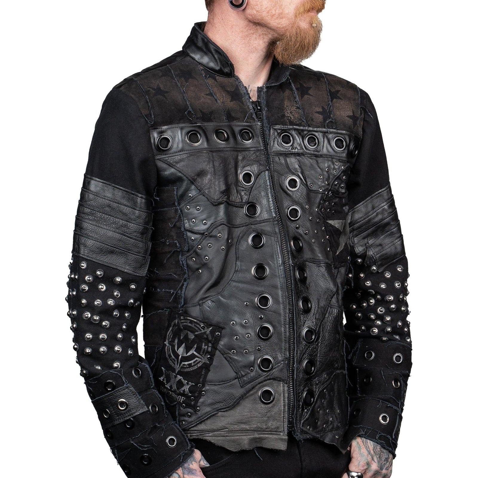 Wornstar Clothing mens custom jacket. Handmade custom denim and leather rock jacket. Rocker style black stretch denim custom made stage jacket.