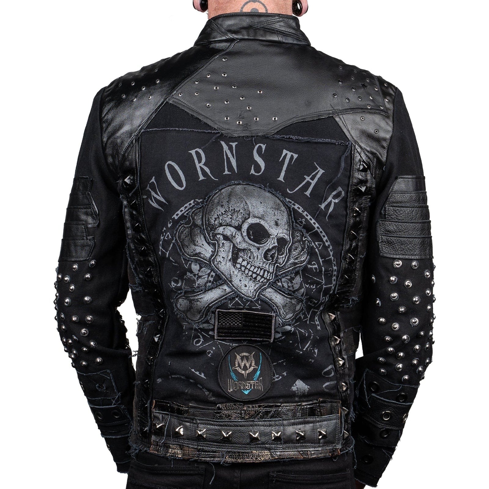 Wornstar Clothing mens custom jacket. Handmade custom denim and leather rock jacket. Rocker style black stretch denim custom made stage jacket.