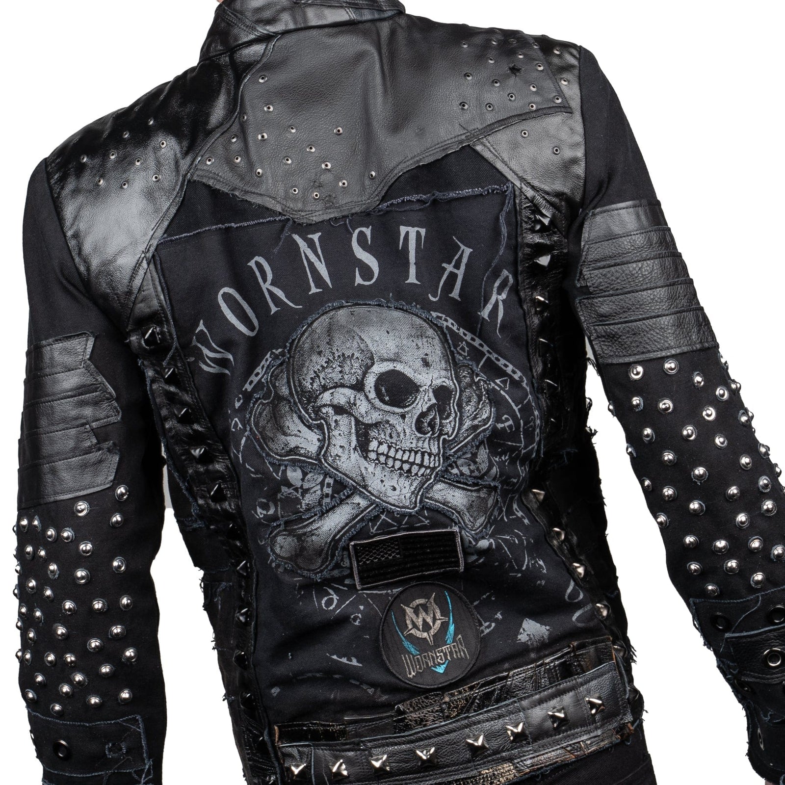 Wornstar Clothing mens custom jacket. Handmade custom denim and leather rock jacket. Rocker style black stretch denim custom made stage jacket.