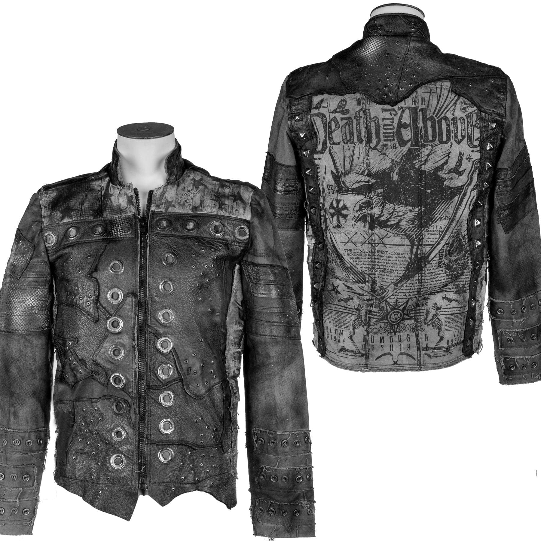 Wornstar Clothing mens custom jacket. Handmade custom denim and leather rock jacket. Rocker style black stretch denim custom made stage jacket.