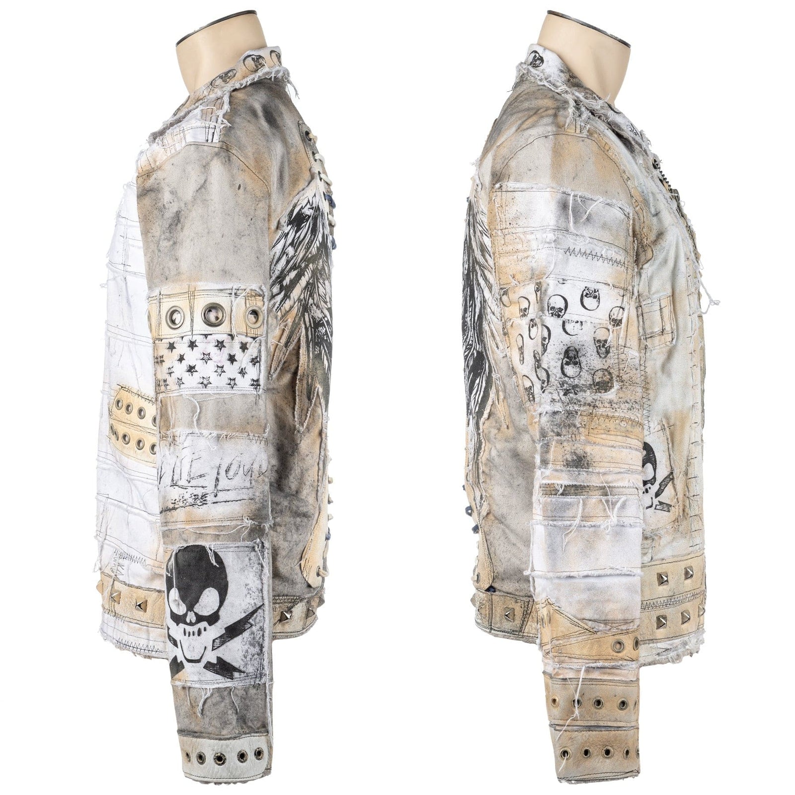 Wornstar Clothing mens custom jacket. Handmade custom denim and leather rock jacket. Rocker style black stretch denim custom made stage jacket.