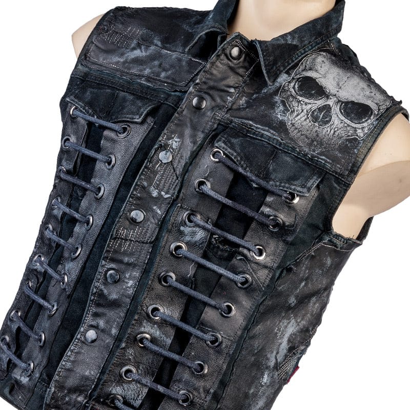 Wornstar Clothing men&#39;s custom vest. Handmade custom denim and leather rock vest. Rocker style black stretch denim custom-made stage vest.