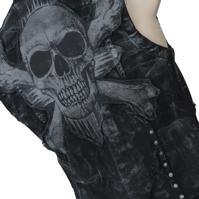 Wornstar Clothing men's custom vest. Handmade custom denim and leather rock vest. Rocker style black stretch denim custom-made stage vest.
