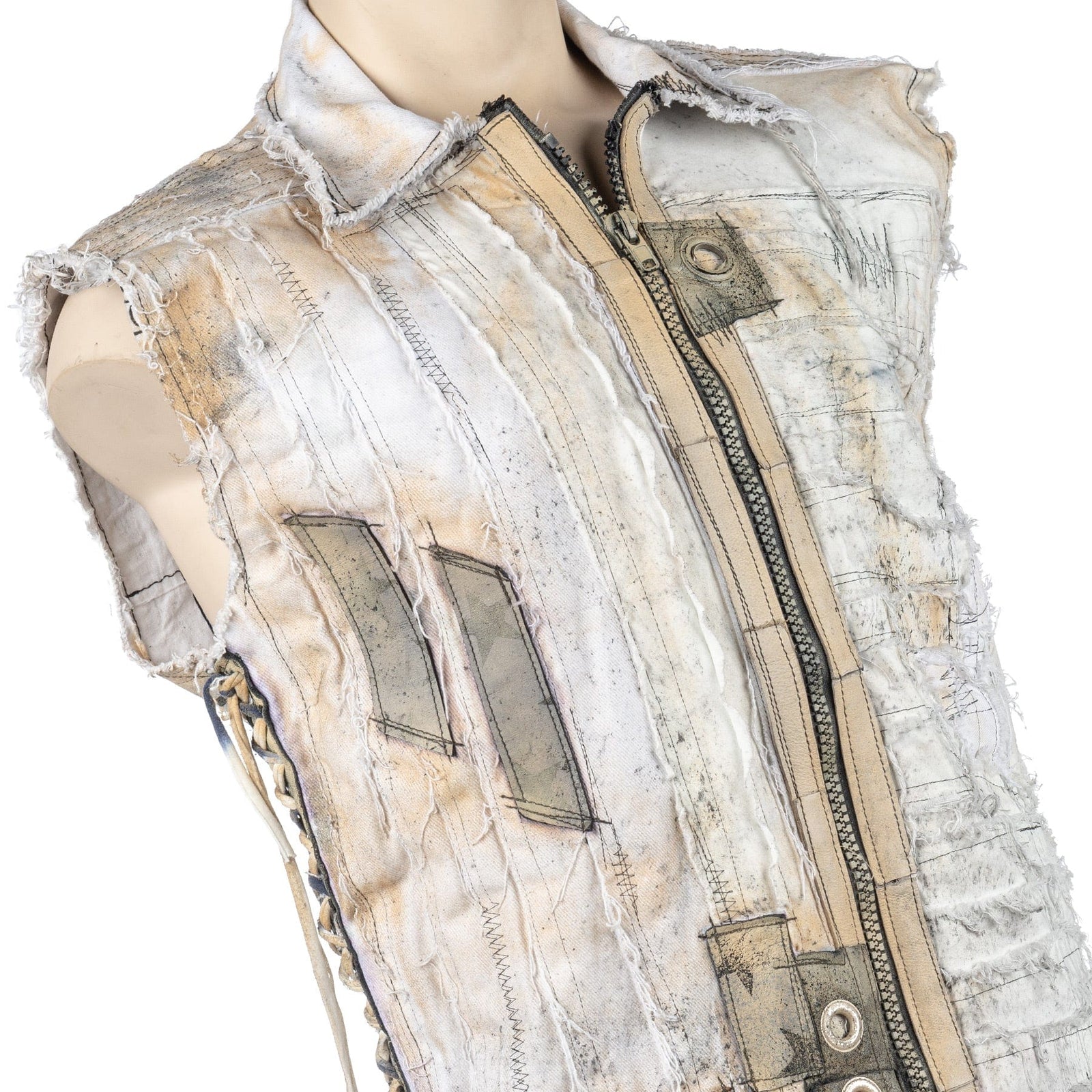 Wornstar Clothing men's custom vest. Handmade custom denim and leather rock vest. Rocker style black stretch denim custom-made stage vest.