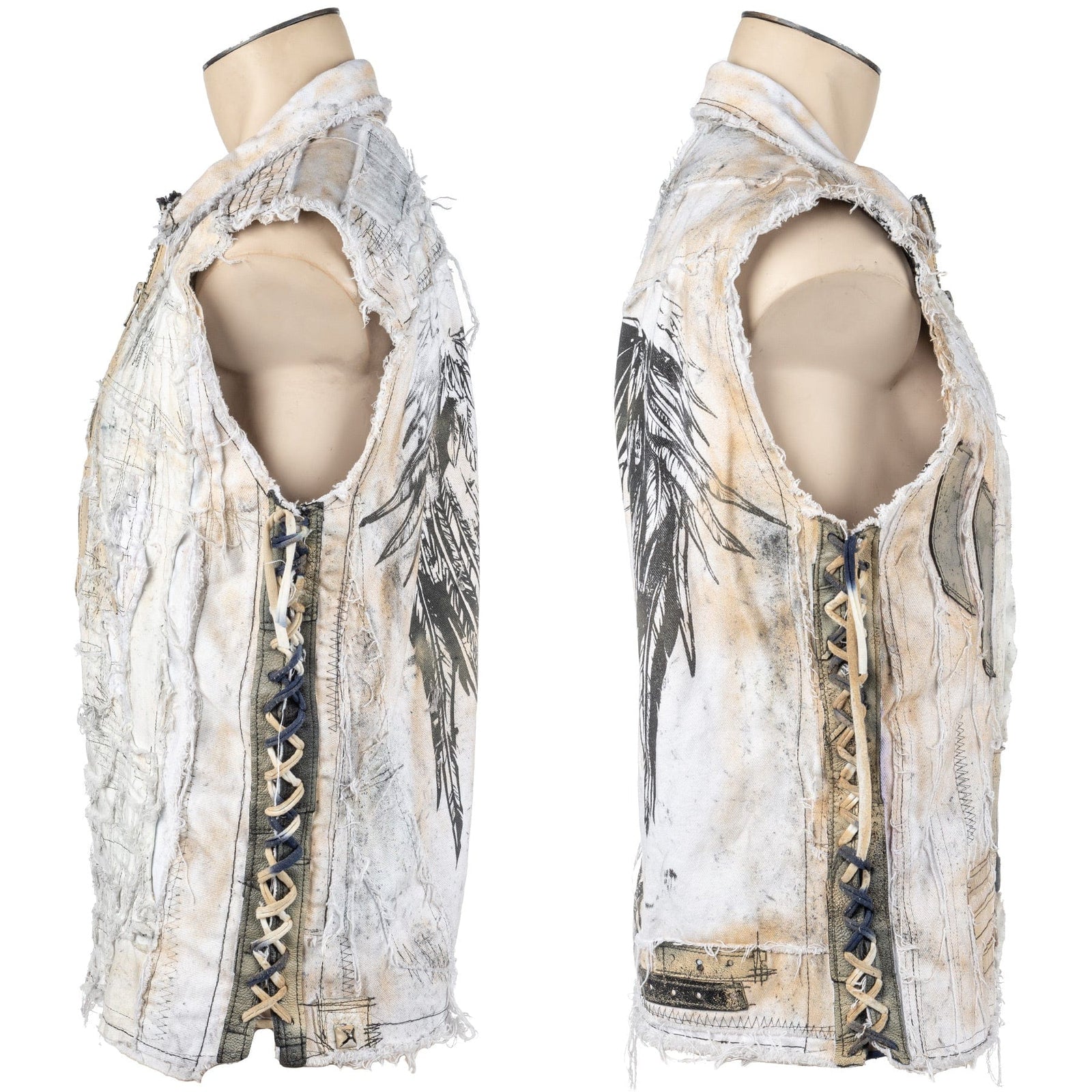 Wornstar Clothing men's custom vest. Handmade custom denim and leather rock vest. Rocker style black stretch denim custom-made stage vest.