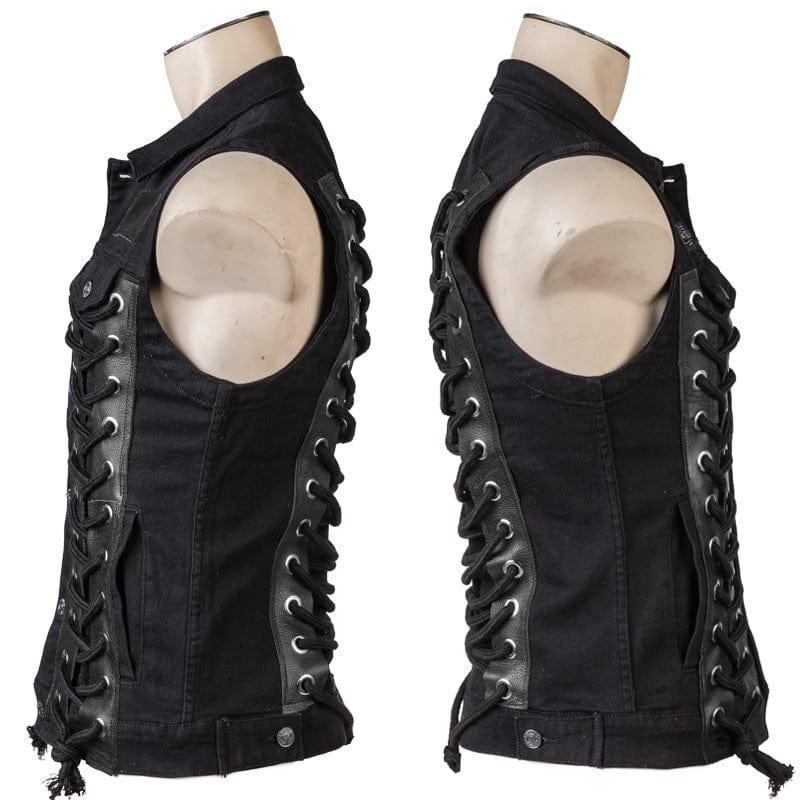 Wornstar Clothing men's custom vest. Handmade custom denim and leather rock vest. Rocker style black stretch denim custom-made stage vest.