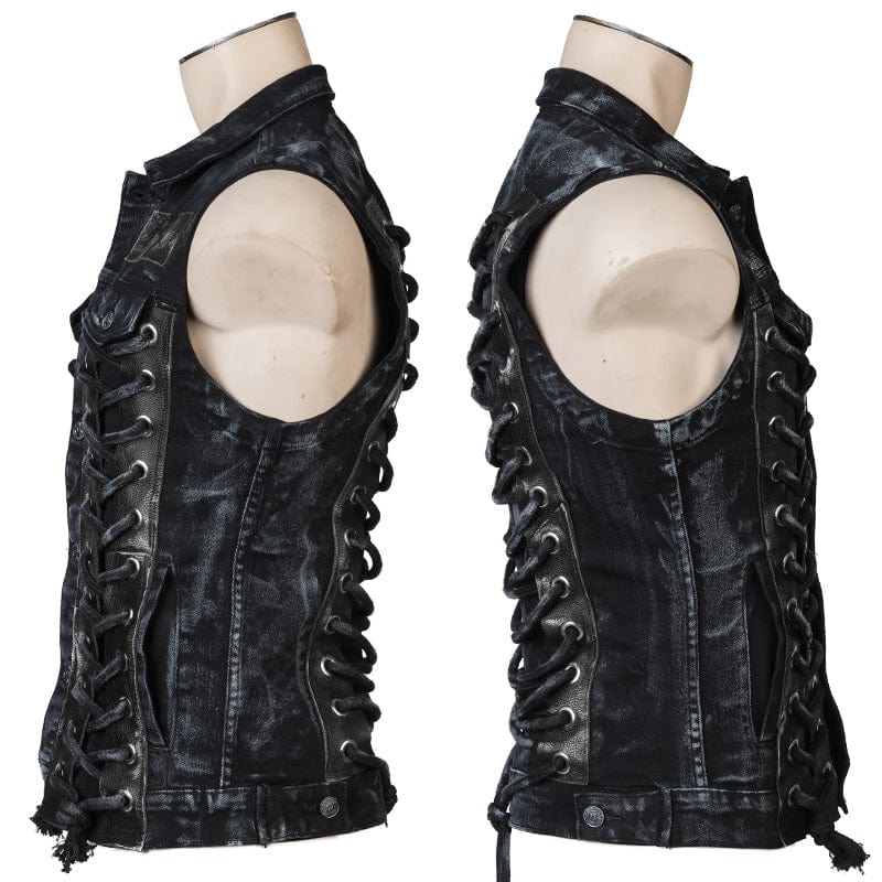 Wornstar Clothing men's custom vest. Handmade custom denim and leather rock vest. Rocker style black stretch denim custom-made stage vest.