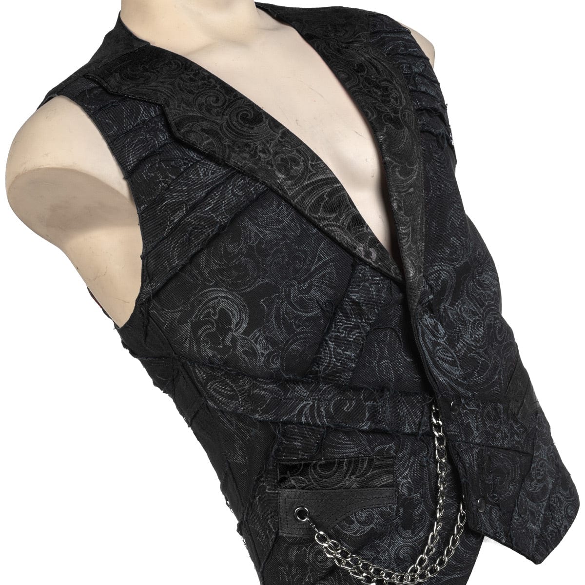 Wornstar Clothing men's custom vest. Handmade custom denim and leather rock vest. Rocker style black stretch denim custom-made stage vest.