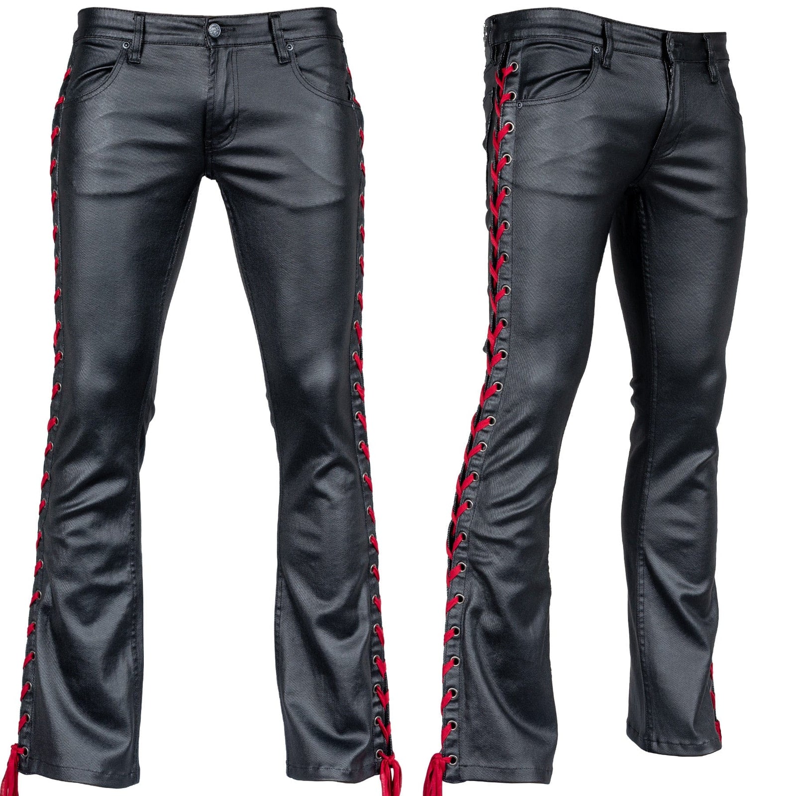 Custom Chop Shop Pants Wornstar Custom - Hellraiser Side Laced Waxed Denim Jeans - Black with Red Lacing