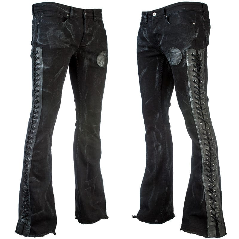 Wornstar Clothing mens custom pants. Handmade custom denim and leather rock pants. Rocker style black stretch denim custom made stage pants.