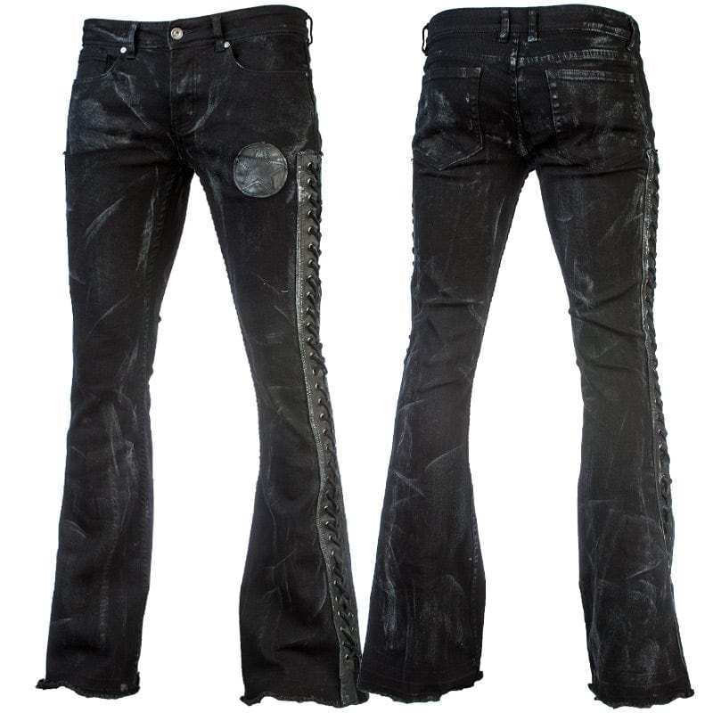 Wornstar Clothing mens custom pants. Handmade custom denim and leather rock pants. Rocker style black stretch denim custom made stage pants.