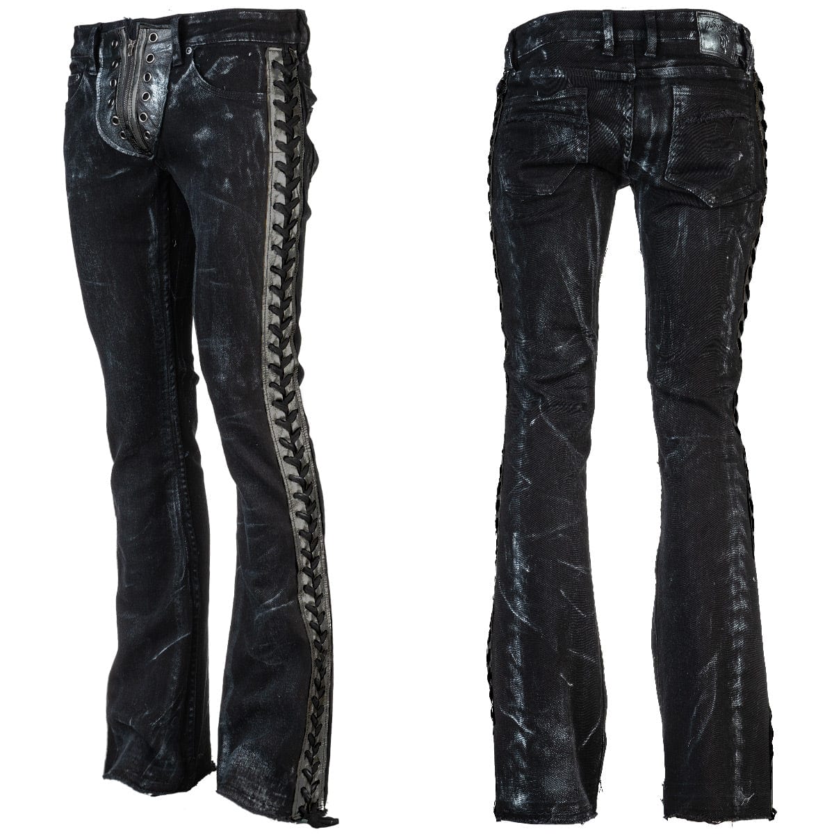 Wornstar Clothing mens custom pants. Handmade custom denim and leather rock pants. Rocker style black stretch denim custom made stage pants.