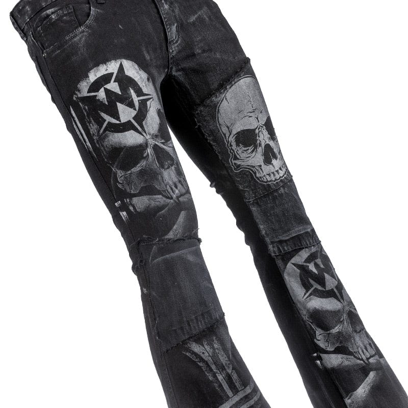 Wornstar Clothing mens custom pants. Handmade custom denim and leather rock pants. Rocker style black stretch denim custom made stage pants.