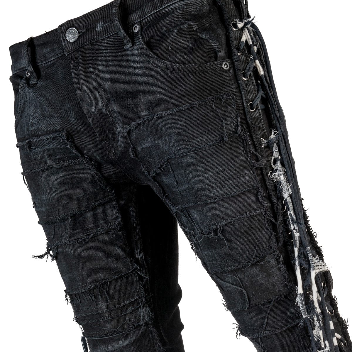 Wornstar Clothing mens custom pants. Handmade custom denim and leather rock pants.