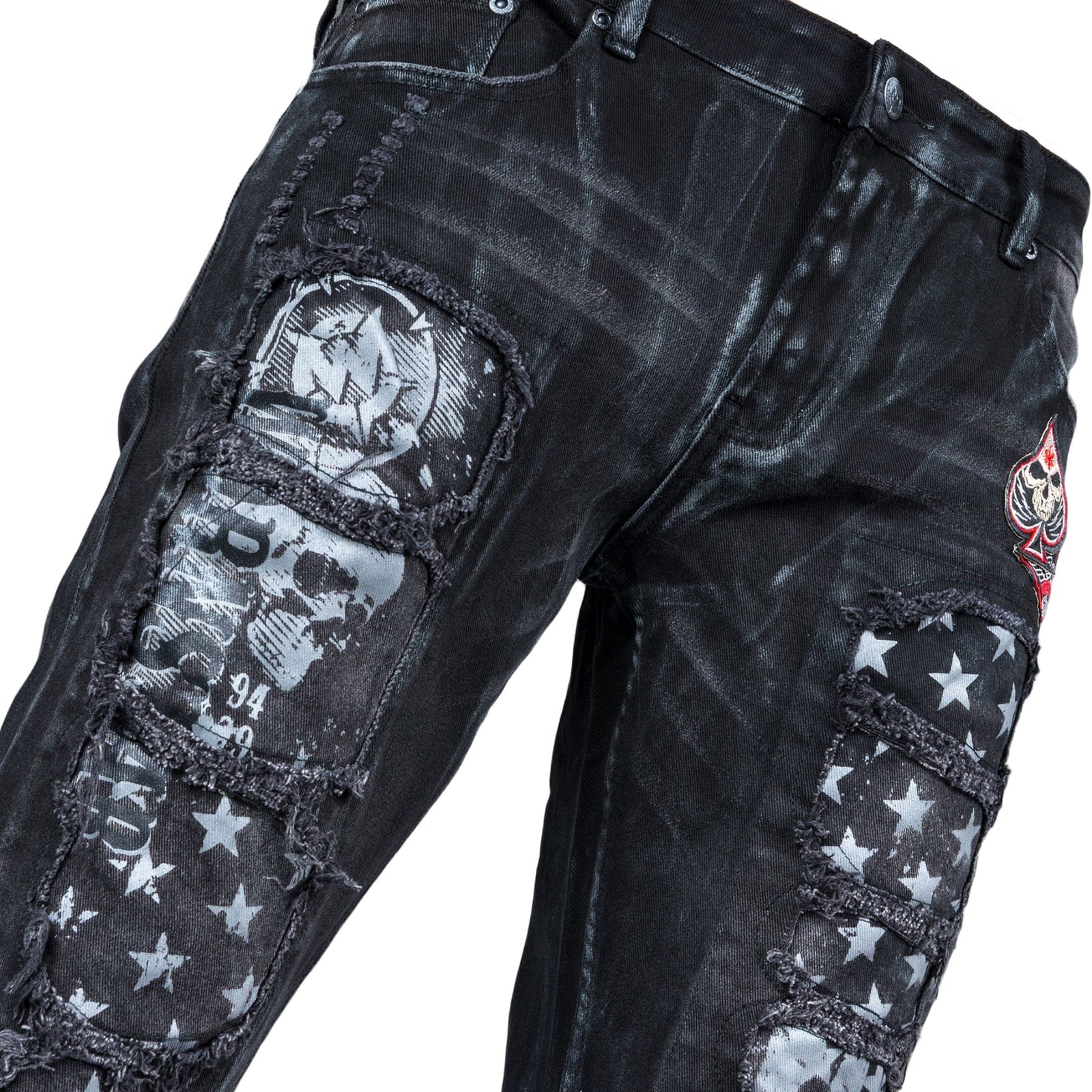 Custom Chop Shop Pants Wornstar Custom Jeans - Ready to Ship - Skull Patch Cropped Patchwork Jeans - Size 38