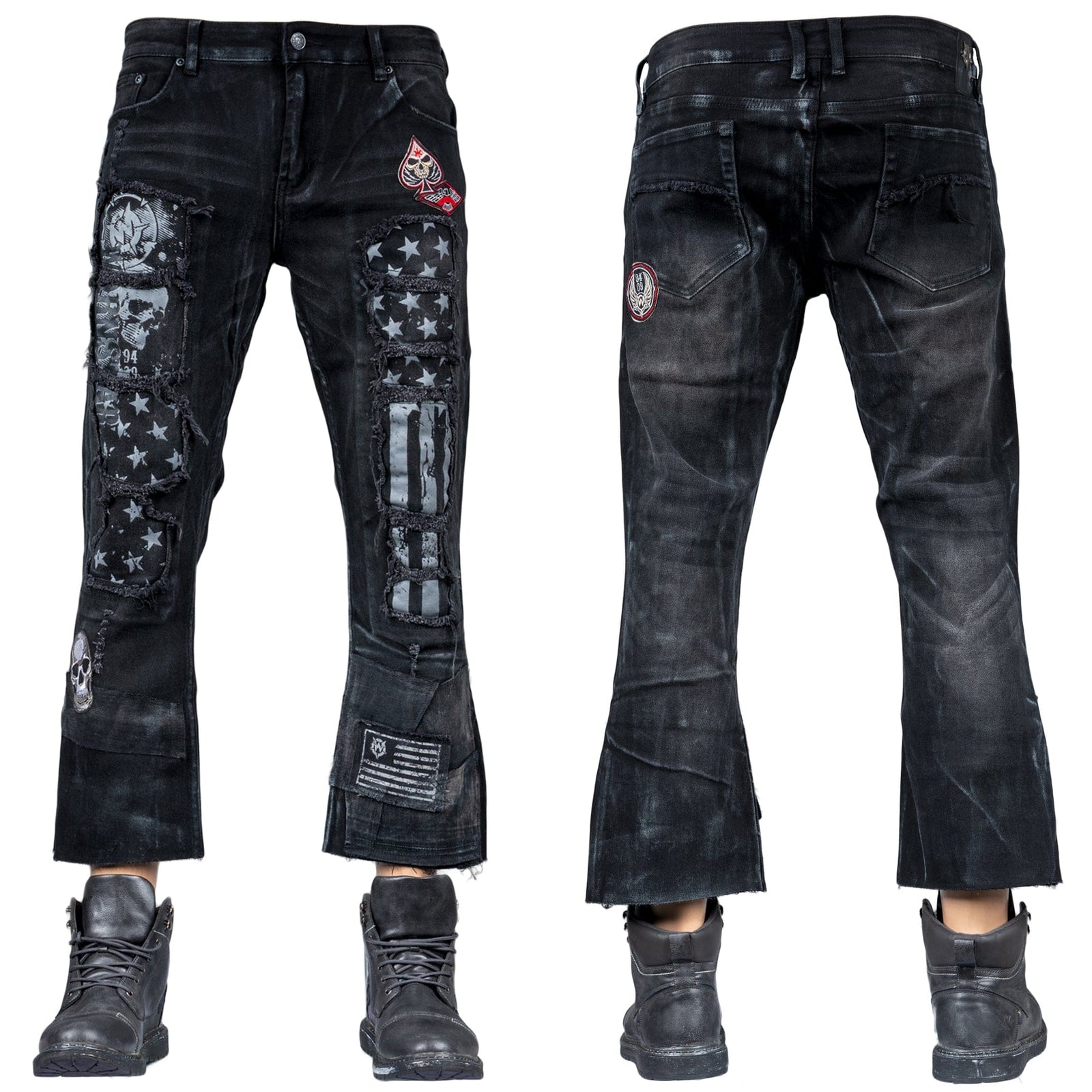 Custom Chop Shop Pants Wornstar Custom Jeans - Ready to Ship - Skull Patch Cropped Patchwork Jeans - Size 38
