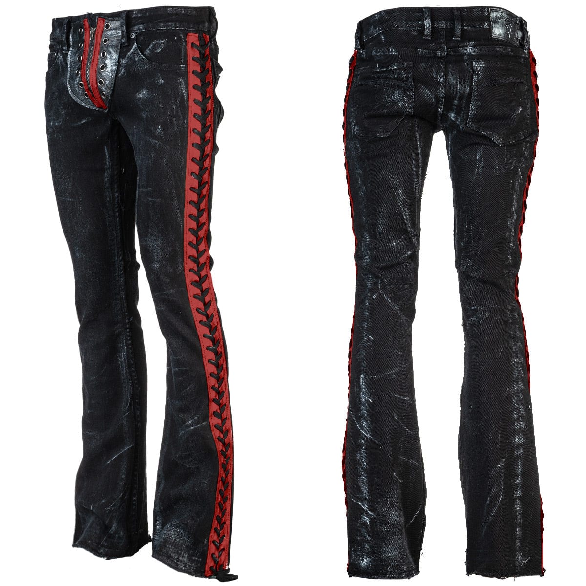 Wornstar Clothing mens custom pants. Handmade custom denim and leather rock pants. Rocker style black stretch denim custom made stage pants.