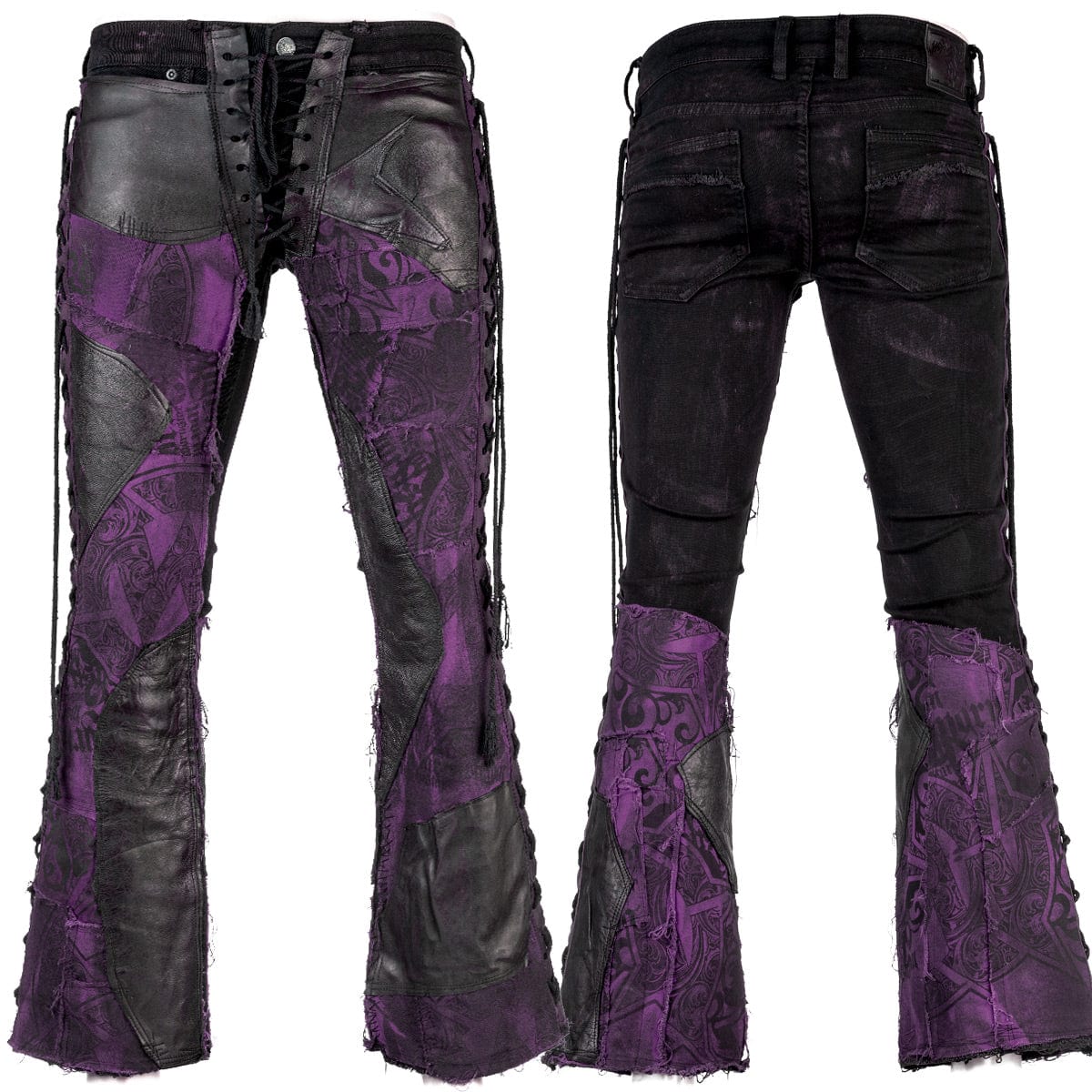 Wornstar Clothing mens custom pants. Handmade custom denim and leather rock pants. Rocker style black stretch denim custom made stage pants.