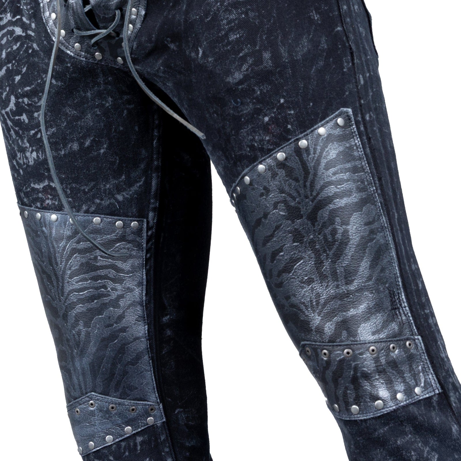 Custom Chop Shop Pants Wornstar Custom Jeans - Zebra Stripes with Leather Patchwork - Ready to Ship - Size 32x34