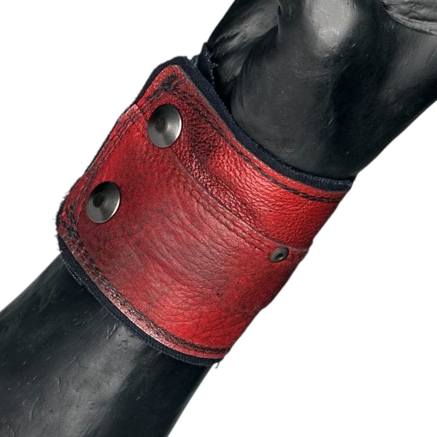 Chop Shop Accessory Wornstar Custom - Wristband Leather Cuff - Studded Red Patchwork - Black Skull