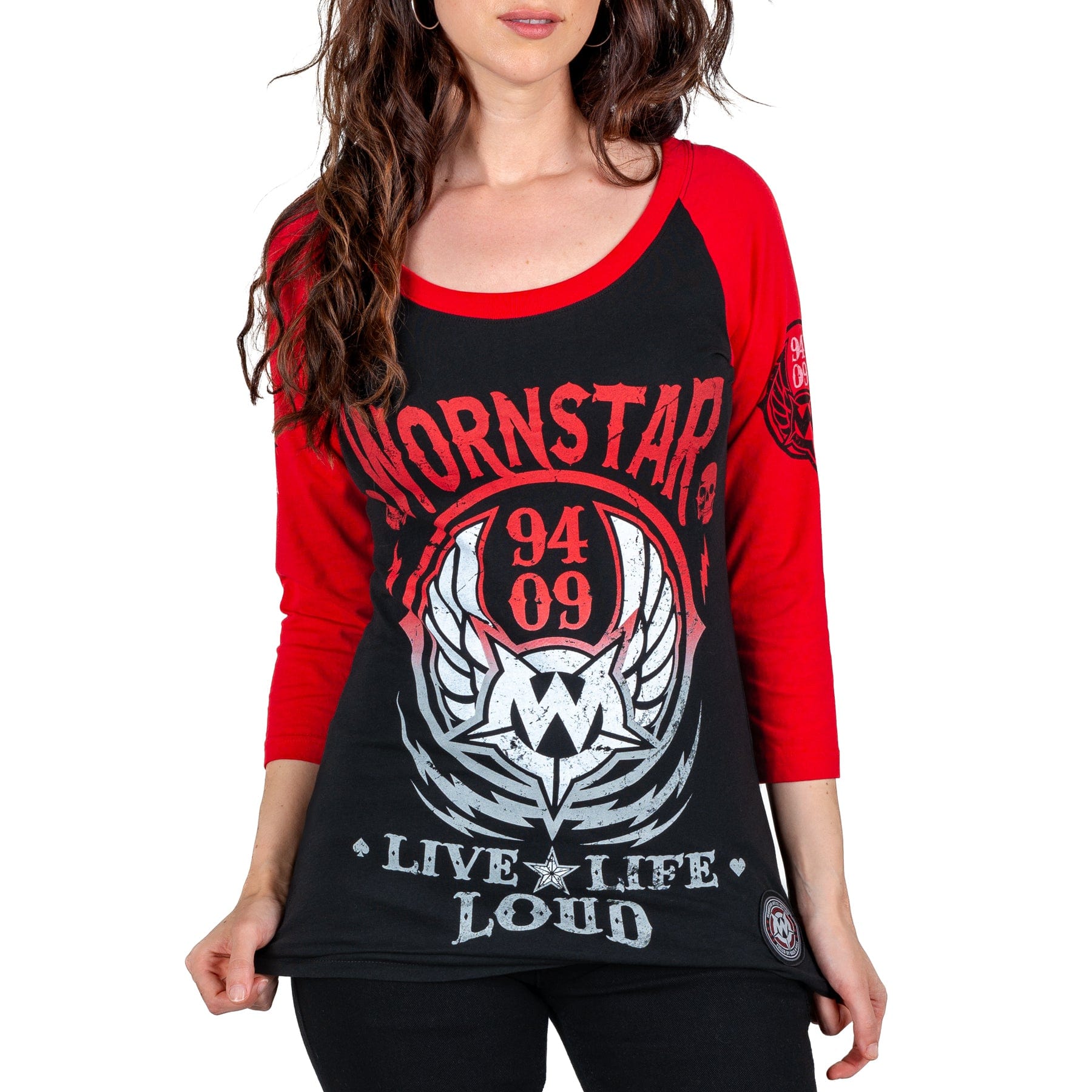 Wornstar Clothing Womens Tee. Live Life Loud Raglan T-Shirt - Red/Black