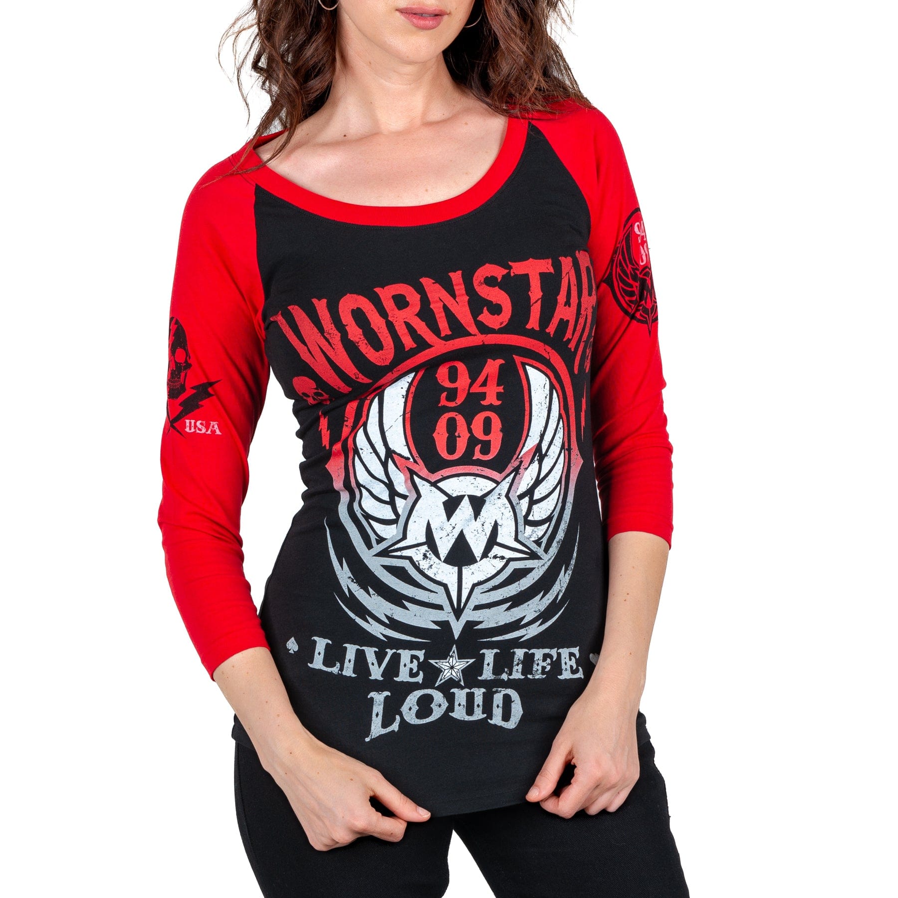 Wornstar Clothing Womens Tee. Live Life Loud Raglan T-Shirt - Red/Black