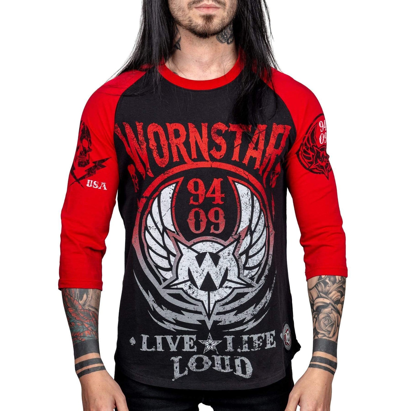 Wornstar Clothing Mens Tee. Live Life Loud Raglan T-Shirt - Red/Black