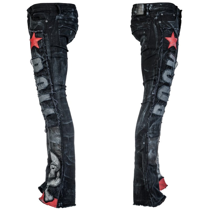 Wornstar Clothing mens custom pants. Handmade custom denim and leather rock pants. Rocker style black stretch denim custom made stage pants.