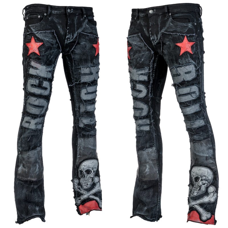 Wornstar Clothing mens custom pants. Handmade custom denim and leather rock pants. Rocker style black stretch denim custom made stage pants.