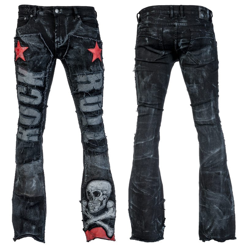Wornstar Clothing mens custom pants. Handmade custom denim and leather rock pants. Rocker style black stretch denim custom made stage pants.