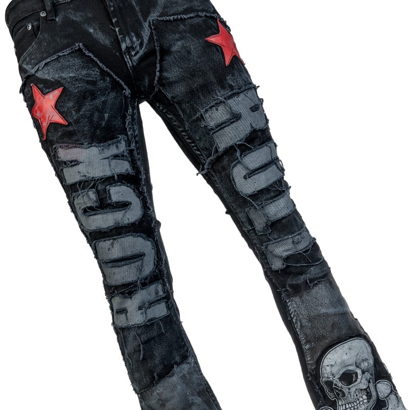 Wornstar Clothing mens custom pants. Handmade custom denim and leather rock pants. Rocker style black stretch denim custom made stage pants.