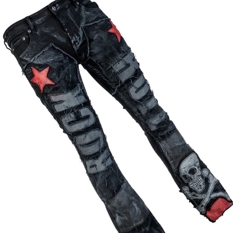 Wornstar Clothing mens custom pants. Handmade custom denim and leather rock pants. Rocker style black stretch denim custom made stage pants.