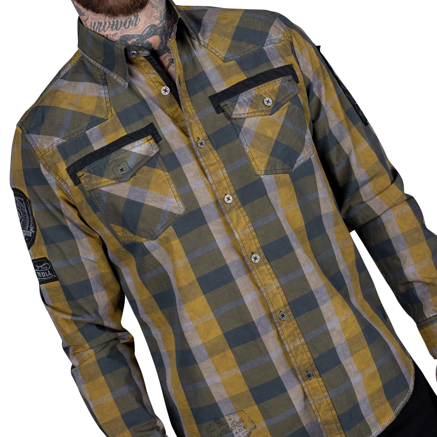 Wornstar Clothing Mens Long Sleeve Shirt. Amarillo Button Down Plaid Shirt.