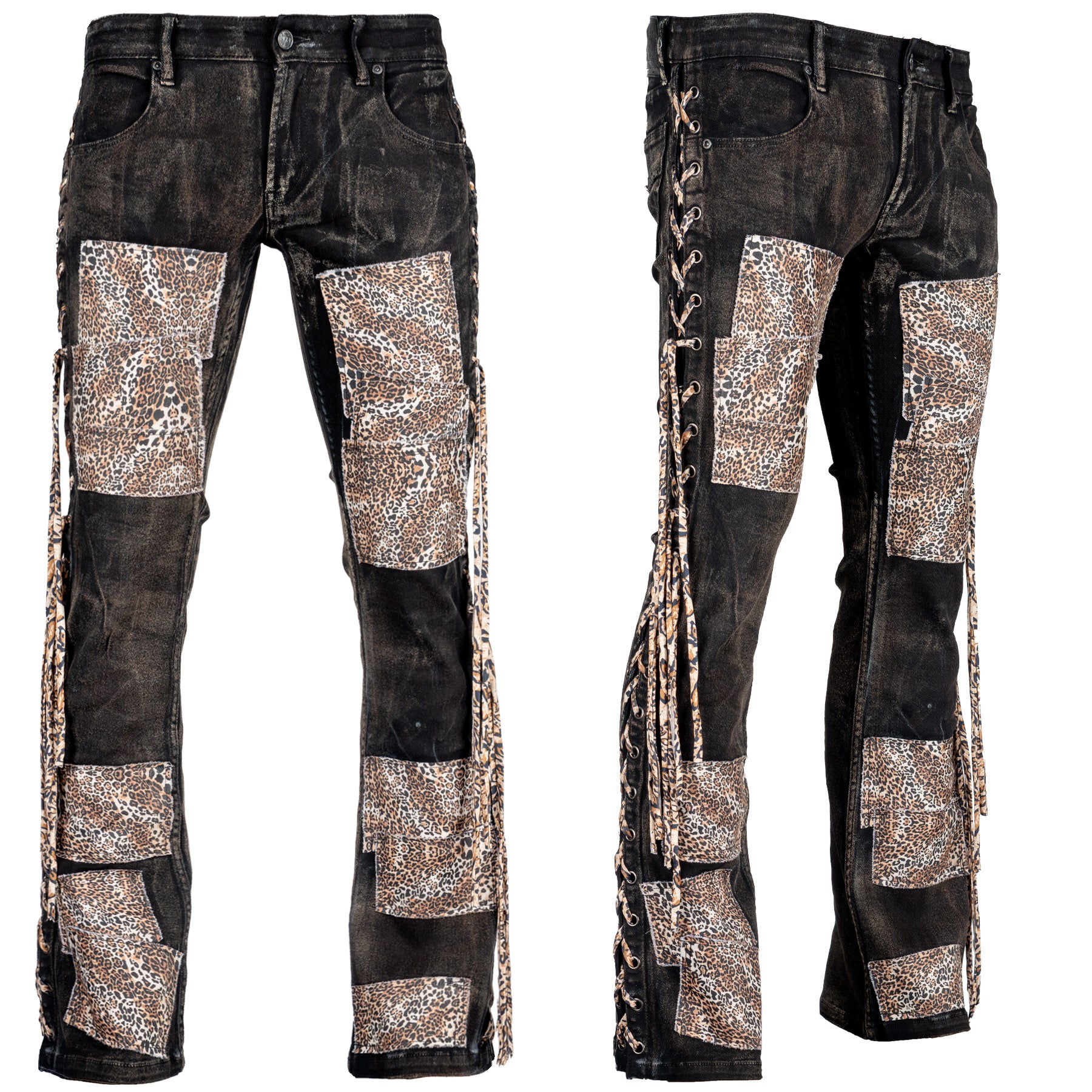 Wornstar Custom Jeans - Leopard patchwork - Ready to ship - Size 32x34