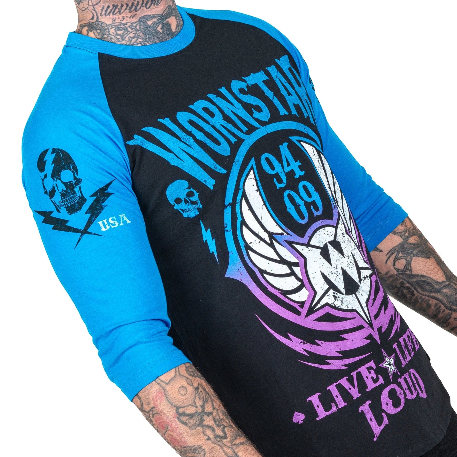 Wornstar Clothing Mens Tee. Live Life Loud Raglan T-Shirt - Blue/Black