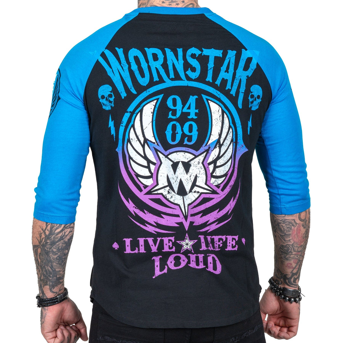 Wornstar Clothing Mens Tee. Live Life Loud Raglan T-Shirt - Blue/Black