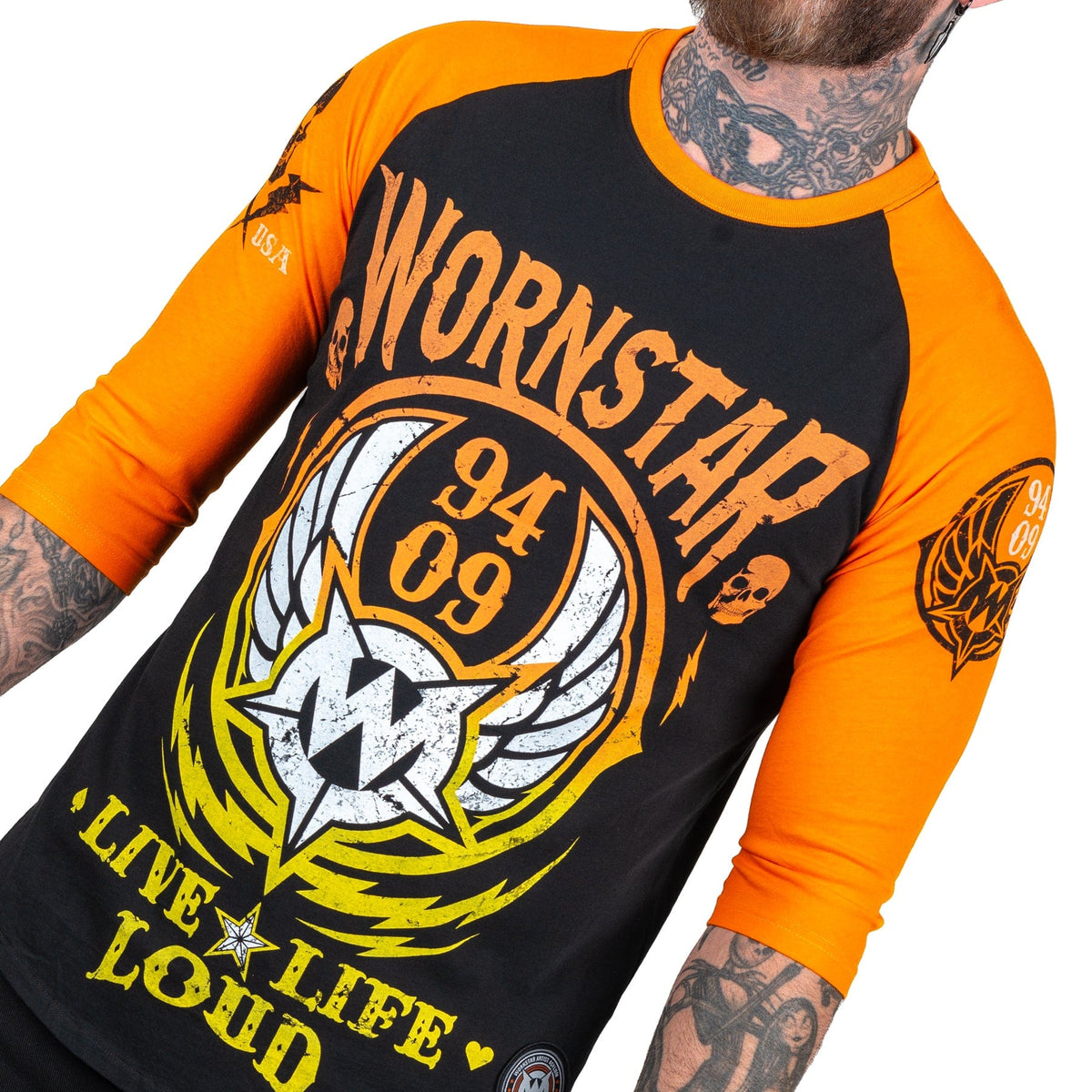 Wornstar Clothing Mens Tee. Live Life Loud Raglan T-Shirt - Orange/Black