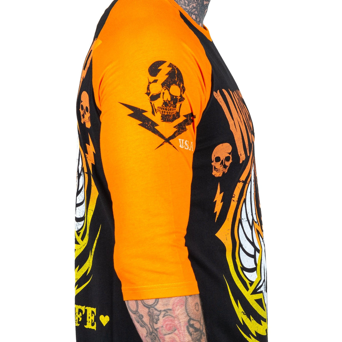 Wornstar Clothing Mens Tee. Live Life Loud Raglan T-Shirt - Orange/Black
