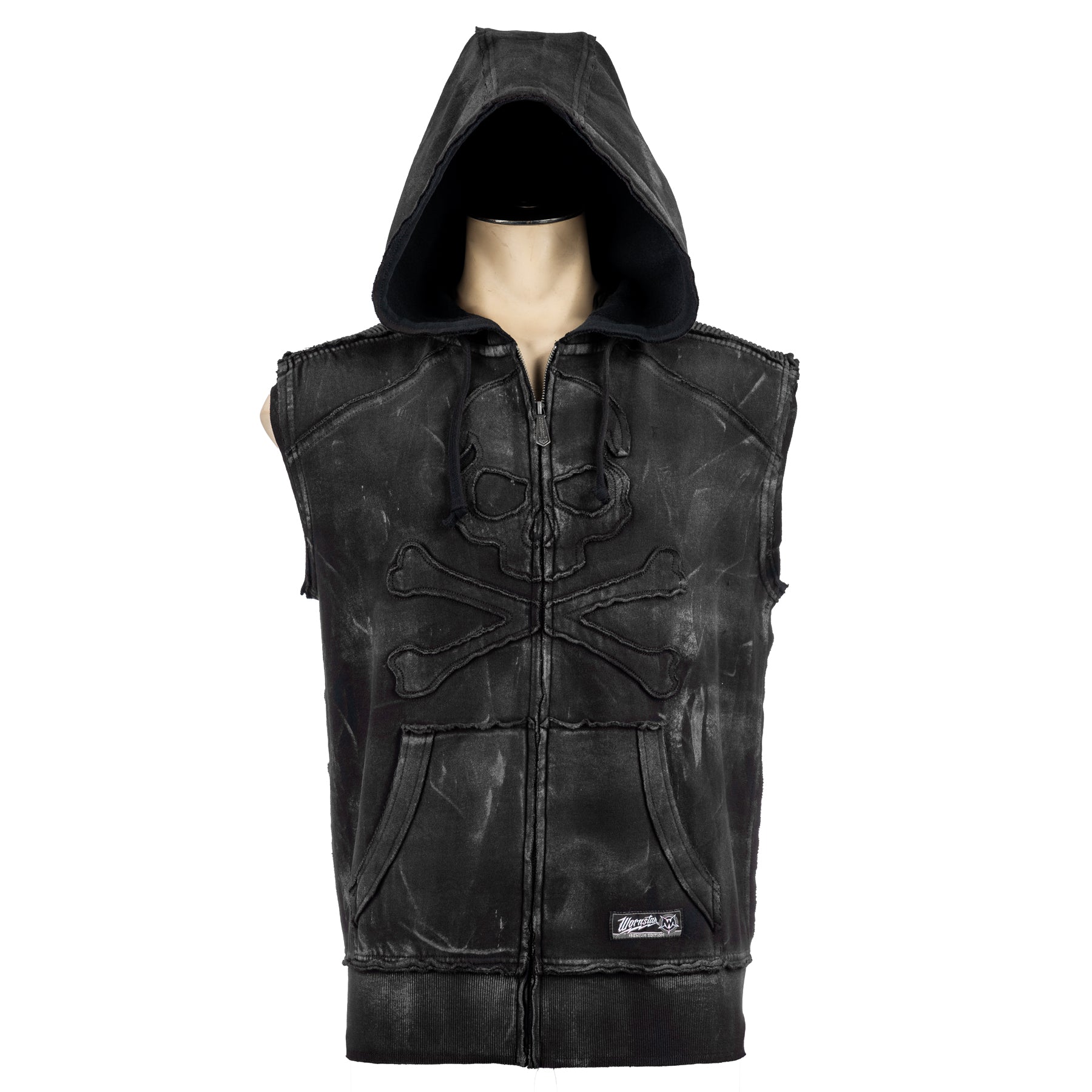 Custom Chop Shop Jacket Black Skull Zip Hoodie - Sleeveless Smoke Wash