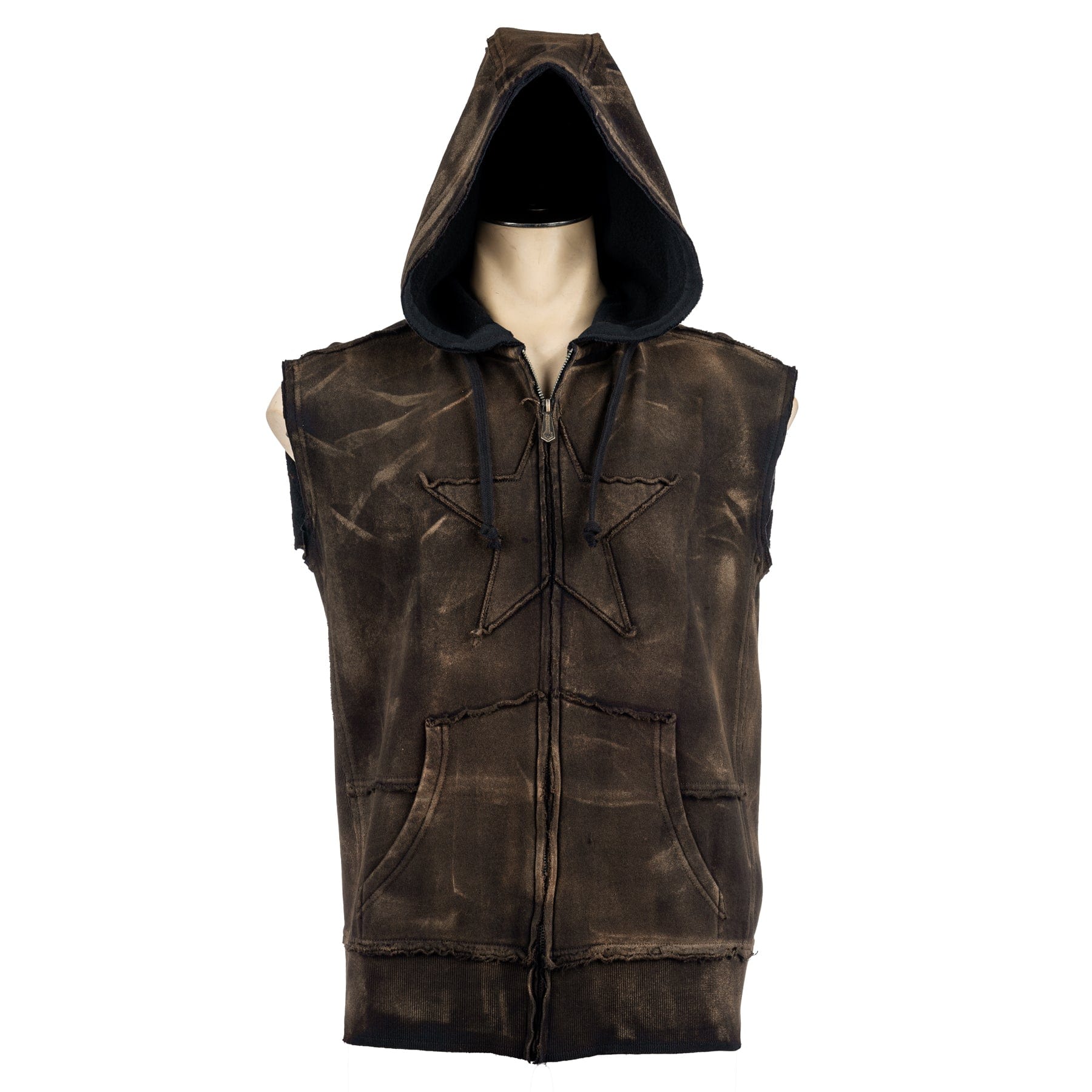 Custom Chop Shop Jacket Black Star Zip Hoodie - Sleeveless Raw Umber