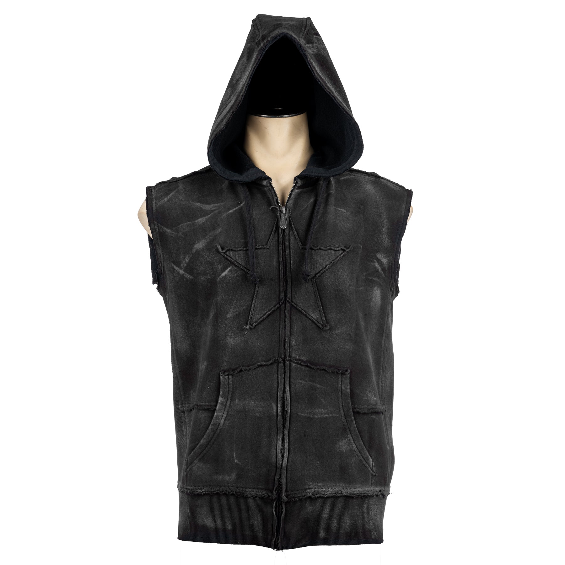Custom Chop Shop Jacket Black Star Zip Hoodie - Sleeveless Smoke Wash