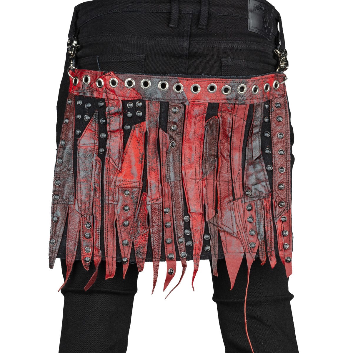 • Wornstar Custom Stage Wear Collection• Designed, made, and sold exclusively by Wornstar Clothing• Handmade at the time of order• Hand-studded and hand-sewn bum flap• Made with upcycled leather and denim• Wornstar Belt Flair™ • Rock N Roll Stage Accessory• Leather top •