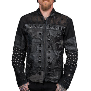 Wornstar Clothing mens custom jacket. Handmade custom denim and leather rock jacket. Rocker style black stretch denim custom made stage jacket.